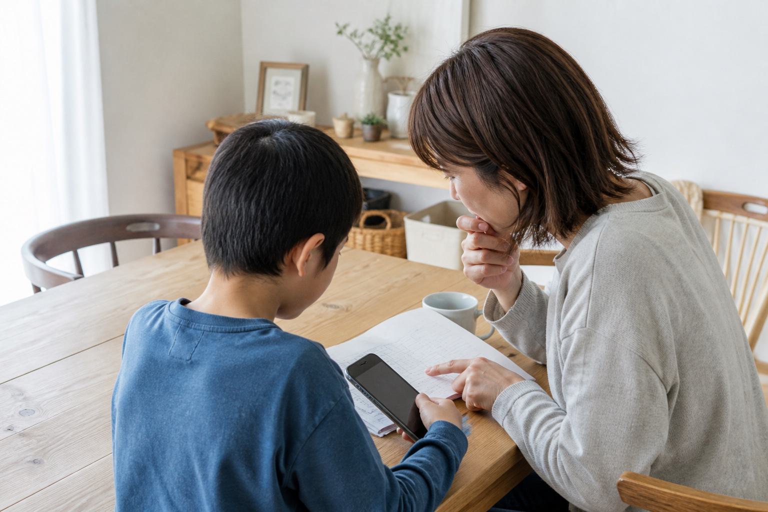 自宅で身体測定の記録とスマートフォンを一緒に見る親子