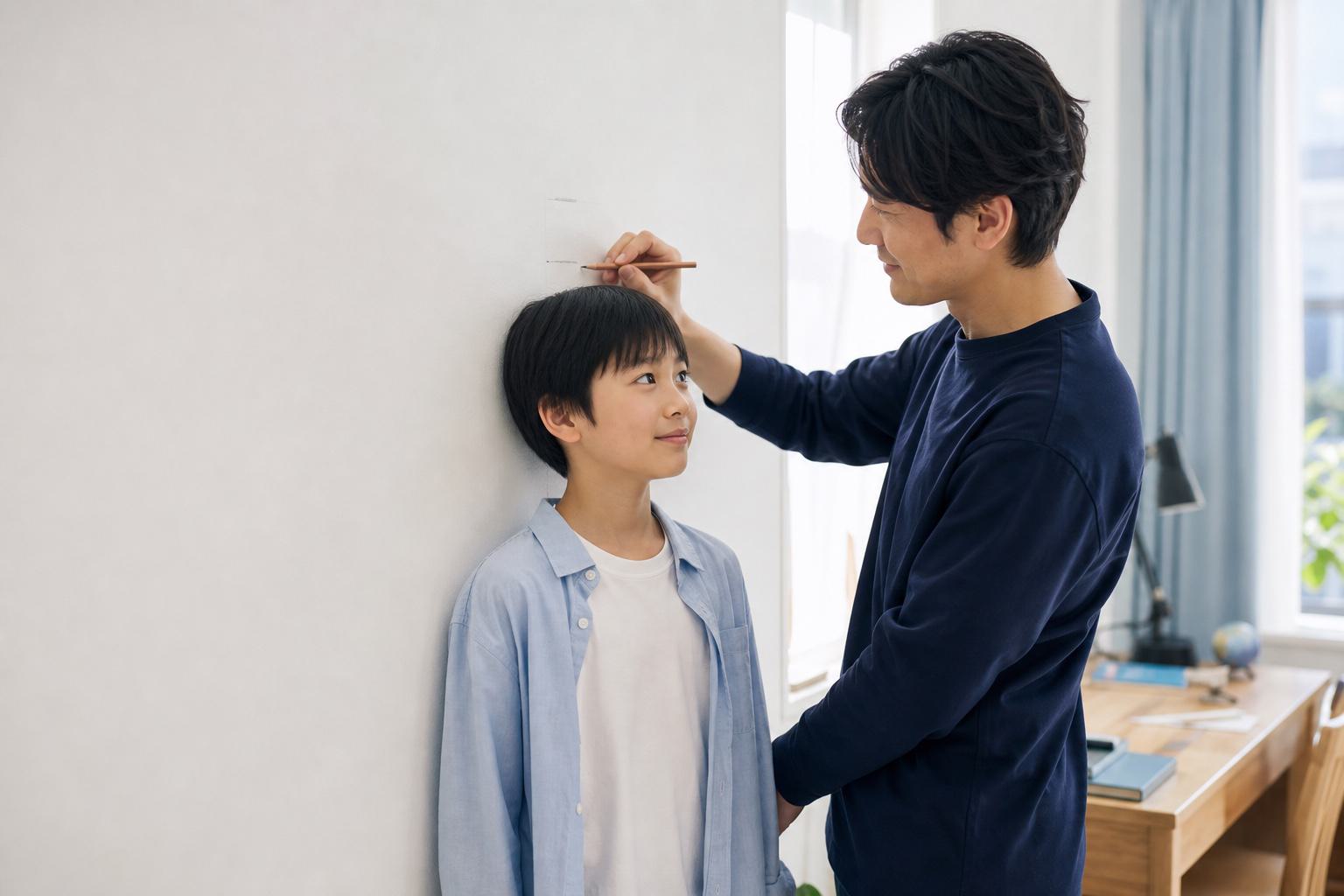 自宅の壁で子どもの身長を記録する保護者